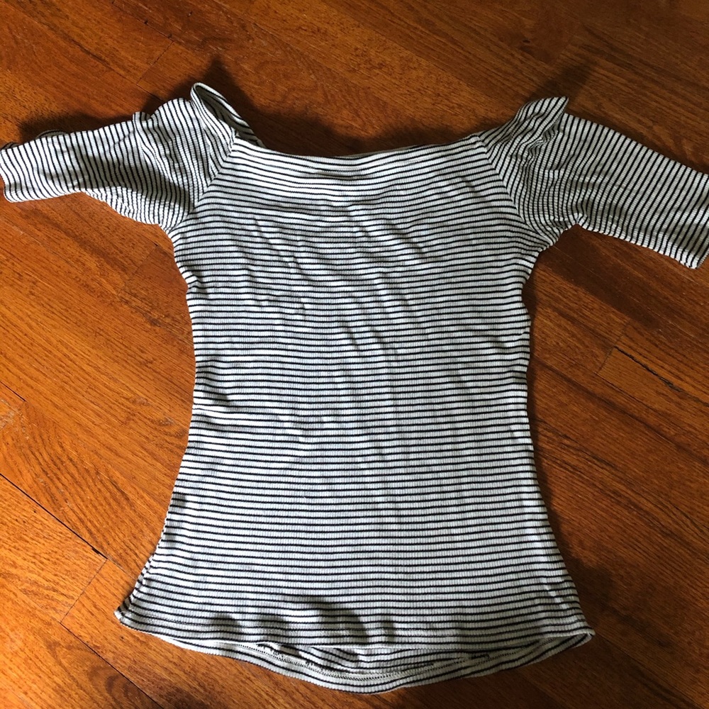 AQUA Stripes Fitted Off-the-Shoulder Tee